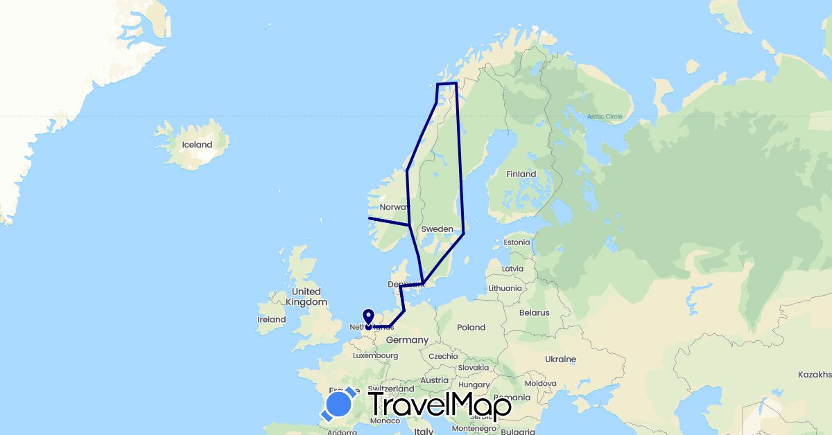 TravelMap itinerary: driving in Germany, Denmark, Netherlands, Norway, Sweden (Europe)